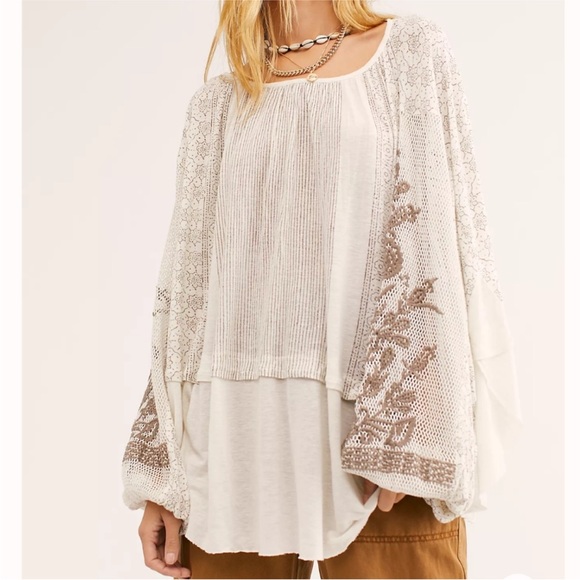 Free People Tops - Free People Indigo Dreams Tunic - Cream and Tan Crochet Embroidered Medium M